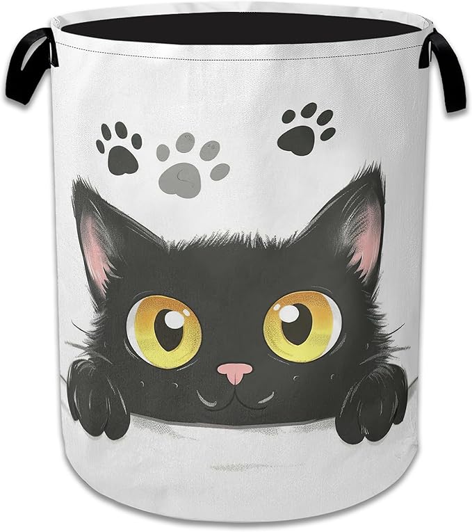 Cute Black Cat Laundry Basket Collapsible Laundry Hamper Oxford Clothes Toy Storage Bin for Bathroom Bedroom Room Decor 16 X 20.8 Inch