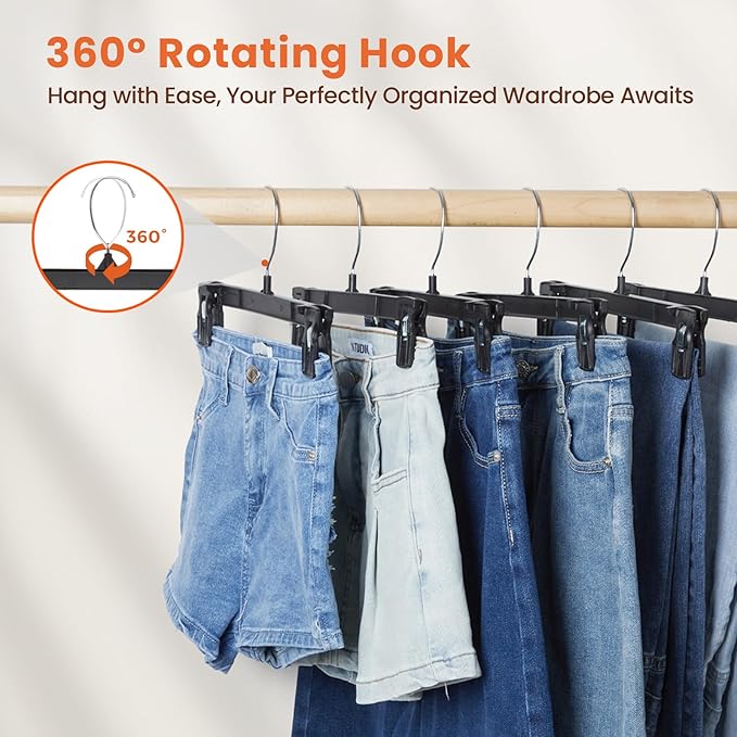 HOUSE DAY Pants & Skirt Hangers - 100 Pack Pants Hangers with Non-Slip Big Clips - Closet Hanger for Shorts, Shirts, Jeans, Slacks, Clothes, Clothing - Durable, Slim & Space Saving (Black 10 Inch)