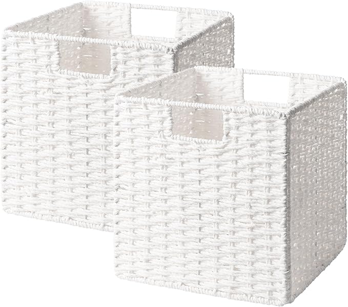 StorageWorks 11 inch Wicker Storage Cubes, Handwoven Cube Storage Bin, Square Cubes Basket, Foldable Paper Rope Basket for Organizing, White, 2 Pack