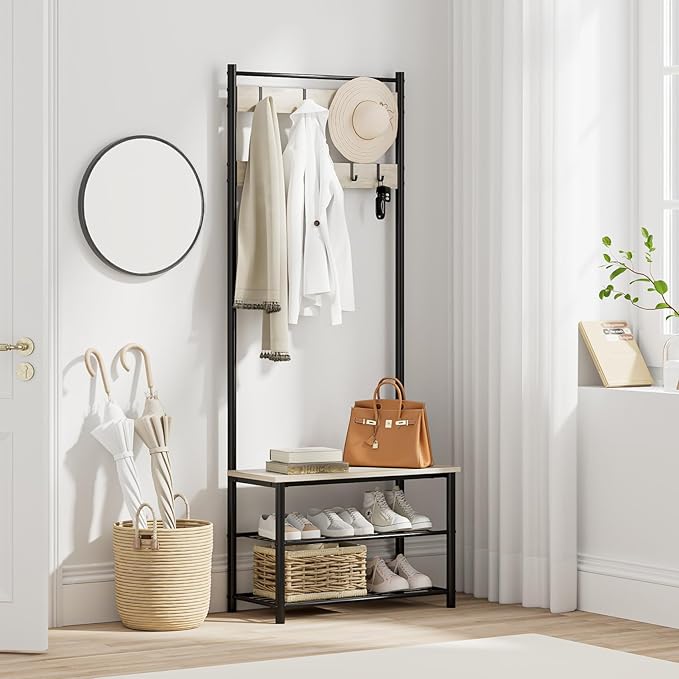 Hall Tree with Bench and Shoe Storage, 3-in-1 Coat Rack, Freestanding Wooden Coat Rack with Shoe Bench with Metal Frame, 3-Tier Storage Shelf and 9 Removable Hooks, Greige