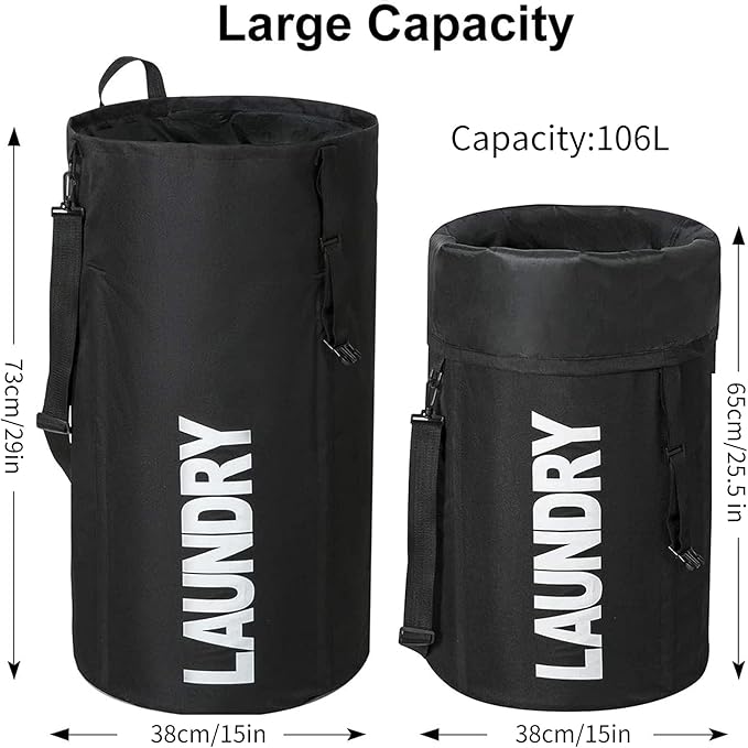 Chrislley 106L Extra Large Laundry Hamper with Drawstring Dorm Room Backpack Laundry Bag Collapsible Laundry Basket for College Students Travel Day Trip（Black）