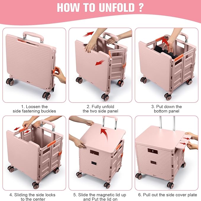 FELICON SELORSS Folding Utility Cart Portable Rolling Crate Handcart with Magnetic Sliding Lid Telescoping Handle Plastic Box Dolly 360°Swivel Wheels for Travel Shop Move Office Teacher Use(Pink Pro)