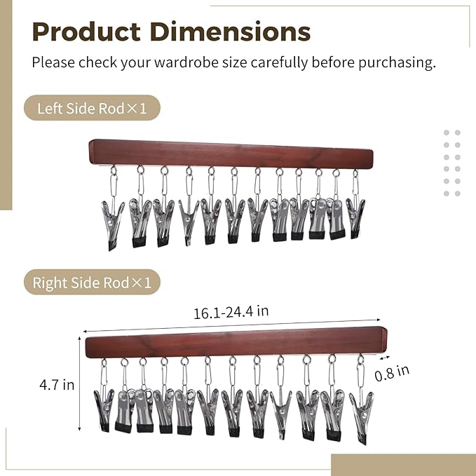2 Pcs Slide-out Closet Valet Rods, Left & Right Pull-out Clip Hangers, Retractable Rail Belt Organizers with Non-slip Rubberized Clips, No-Drill Hanger Poles for Bra, Underwear, Belts