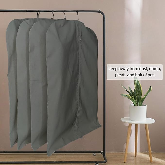 Premium 100% Cotton Garment Bags – 40" Gray Canvas Suit Cover with YKK Zipper – Breathable, Dust-Proof Storage for Suits, Coats, Dresses, Jackets & Travel/Closet Use