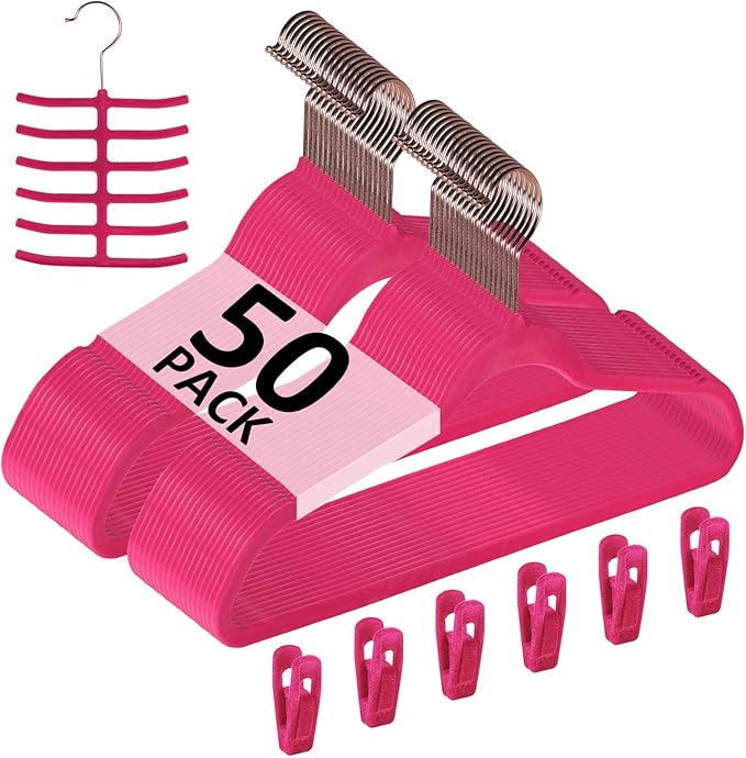 VECELO Premium Velvet Clothes Hangers Suit Heavy Duty (50 Pack)-Non Slip & Space-Saving with 6 Finger Clips & Tie Rack Excellent for Men and Women,Rose