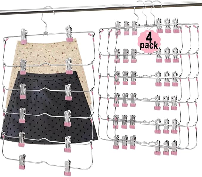 Skirt Pants Hangers with Clips，6Tier Skirt Hangers Space Saving,Metal,Non Slip Closet Organizer and Storage Multi Clothes Shorts Hanger Organization(4, Pink)