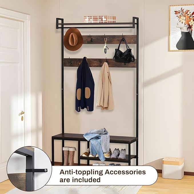 Hall Tree With Bench and Shoe Storage, 5 in 1 Entryway With Coat Rack, 71'' Industrial Wooden Metal Coat Tree With 14 Hooks, Shoe Storage and Wall Rack for Hallway Mudroom Bedroom (Rustic Brown)