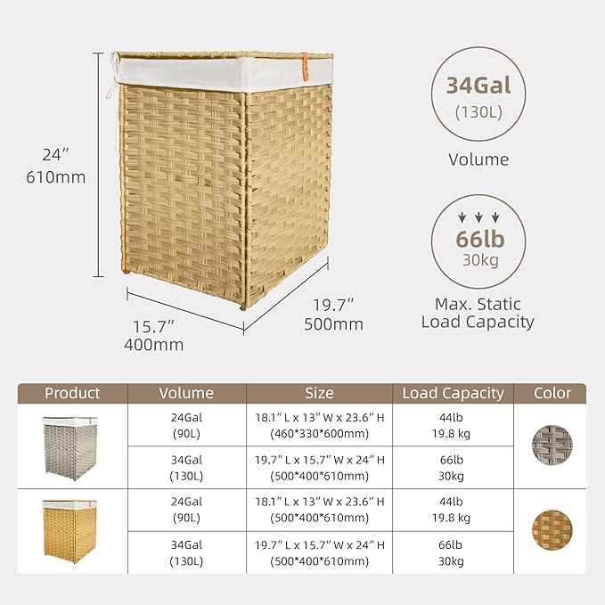Wicker Laundry Hamper with Lid,34 Gal(130 L) Rattan Laundry Basket 2 Sections with Lid, Removable Machine Washable Line, Large Clothes Hamper with Handles for Bathroom Bedroom, Yellow