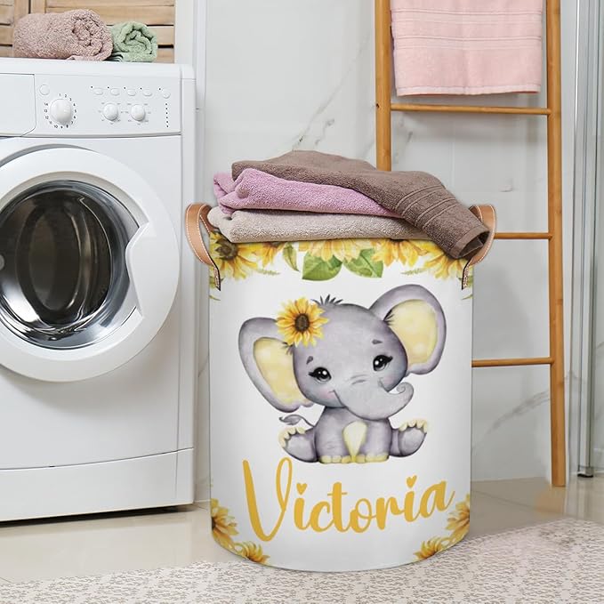 Personalized Laundry Basket, Custom Gift Laundry Hamper, Collapsible Nursery Waterproof Laundry Baskets, Dirty Clothes Toy Hamper with Handles Girl Elephant Sunflower