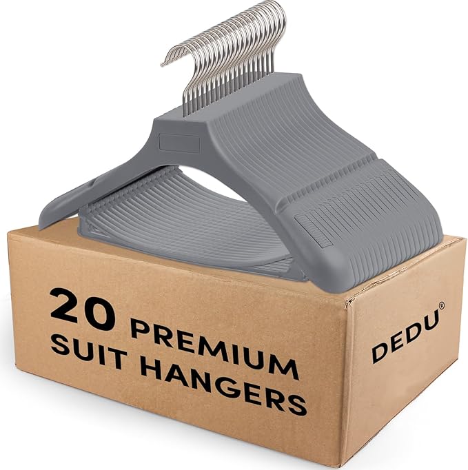 DEDU Suit Hangers for Men 20 Pack, Grey Coat Hangers Extra Wide Non Slip Width 17.7", Thick Plastic with Pants Bar & Metal Hook