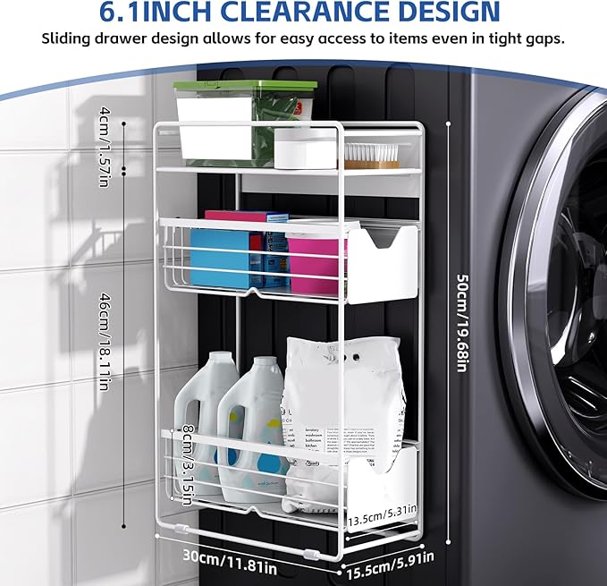 3 Tier Magnetic Shelves for Washing Machine with Pull Out Metal Drawer,Magnetic Spice Rack for Fridge,Magnetic Rack with no Installation, Versatile Storage Organizers for Home (White, 3 Tier)