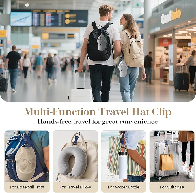 Niveaya Hat Clip for Travel - 2PCS, Stylish Hat Clip for Baseball Cap & Snapback Trucker Ponytail Hat, Sturdy Carabiner with Double Lock for Backpack Luggage Bag, Outdoor Vacation Cruise Essentials