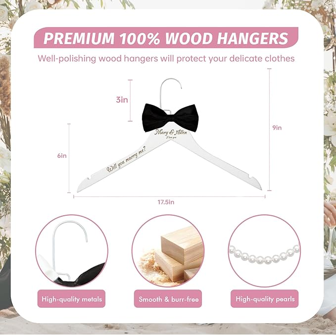 2 Pcs Personalized Wedding Hanger for Bride and Groom, Wooden Bride Hanger, Custom Mr and Mrs Hangers with Bow Tie for Tuxedo, Bridal Party Shower, Wedding Gift