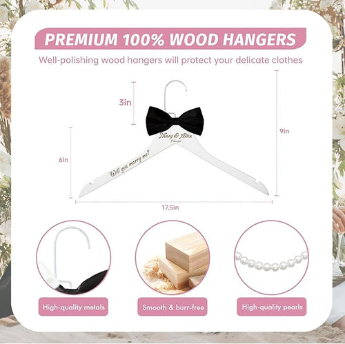 2 Pcs Personalized Wedding Hanger for Bride and Groom, Wooden Bride Hanger, Custom Mr and Mrs Hangers with Bow Tie for Tuxedo, Bridal Party Shower, Wedding Gift