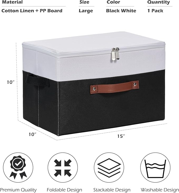 Storage Boxes with Zipper Lid Cotton Linen Fabric Lidded Storage Bins Baskets Foldable Washable Closet Shelf Clothes Organizer Container Faux Leather Handles (Black White, Large)