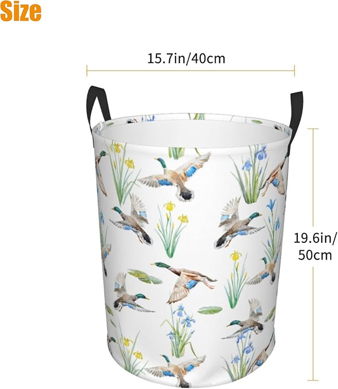 Laundry Basket Watercolor Mallard Duck Room Decor,Round Laundry Hamper Waterproof Dirty Clothes Hamper Collapsible Laundry Baskets With Handles,Toy/Clothes Storage Basket For Home Dorm Bathroom Decor