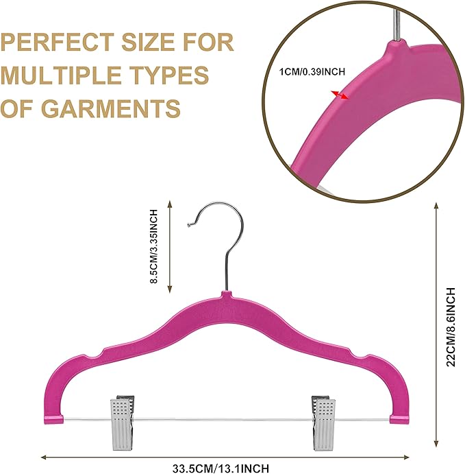 Quality Kids Plastic Non Velvet Non-Flocked Thin Compact Skirt Pant Coat Hangers with Metal Clips for Skirts Pants Blouses 360° Swivel Hook, Jacket, Shirt, Pants, Suit Hangers (Pink, 20)