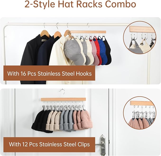 OTraki Hat Hangers for Closet, 2 Pack Wooden Hat Organizer Hanger Rack for Baseball Caps with 10 Clips and 16 Hooks, Baseball Hat Holder for Closet Storage Fits All Caps