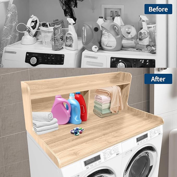 2-Tier Washer Dryer Countertop, 54" W x 27.55" D Laundry Countertop Organization with Non-Slip Pad, Wooden Washer and Dryer Topper for Folding Clothes, Laundry Room Storage