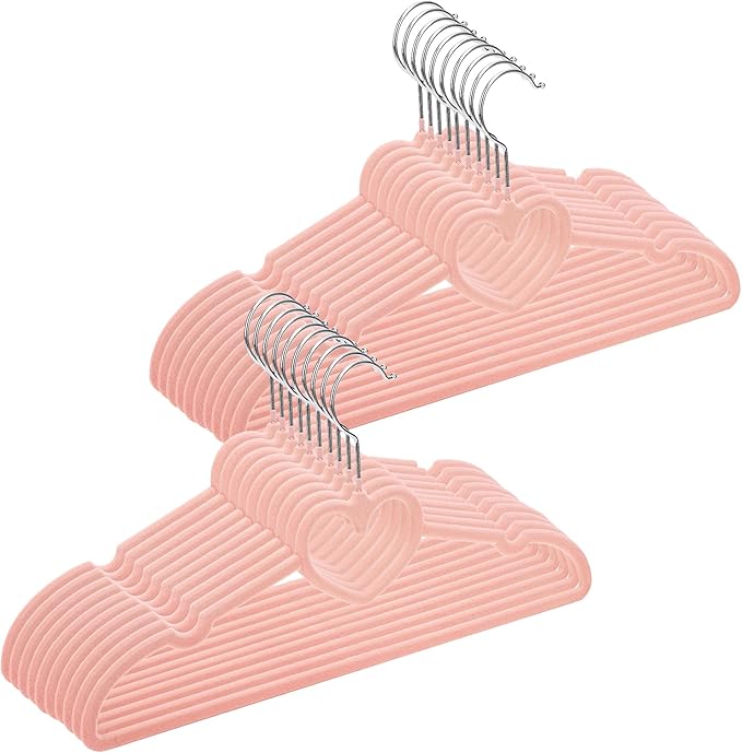 Velvet Clothes Hangers 20 Pack – 16" Non-Slip Slim ABS Hangers with 360° Swivel Hook and Heart Accent, Dry Use for Shirts, Dresses, Pants, Ties – Pink