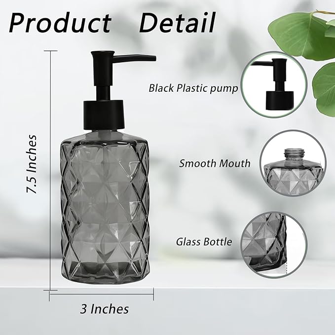 Glass Soap Dispenser with Black Plastic Pump, 12oz Refillable Liquid Hand Soap Dispenser, 2 Pack Crystal Lotion Bottle for Modern Home Decor, Bathroom, Kitchen, Vanity Countertop, Hotel (Black
