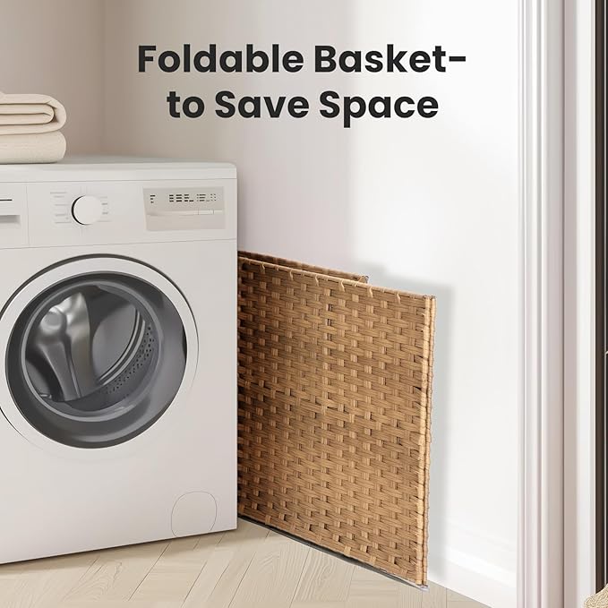 90L Laundry Hamper with Lid, Hand-Woven Pp Rattan Laundry Basket with Compartments & Handles, Removable Liner Bags,Foldable, Narrow Dirty Clothes Basket, Yellow