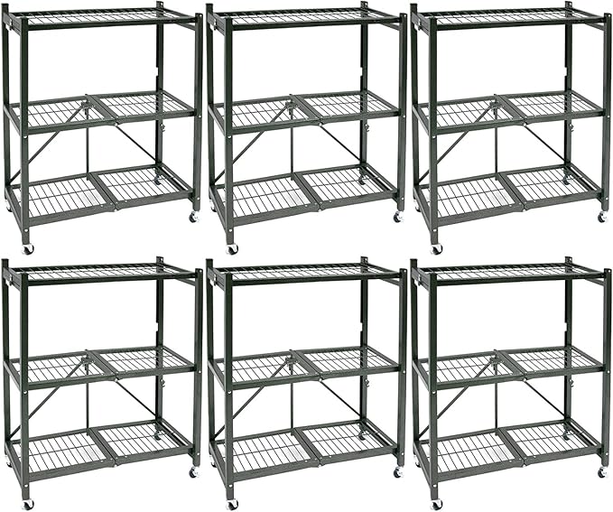 Origami 6-Pack 3-Tier Foldable Storage Shelves, Garage Shelf Rack Unit with Wheels, Pewter