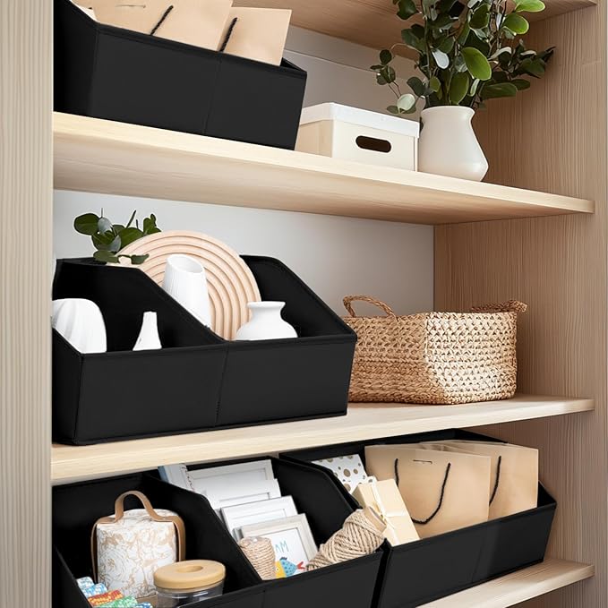Closet Organizers and Storage Bins - 4 Pack Collapsible Divided Trapezoidal Cube Storage Bins Baskets with Orange Handlefor Organizing Clothes Blankets, Toys, Books, Towels(Black)