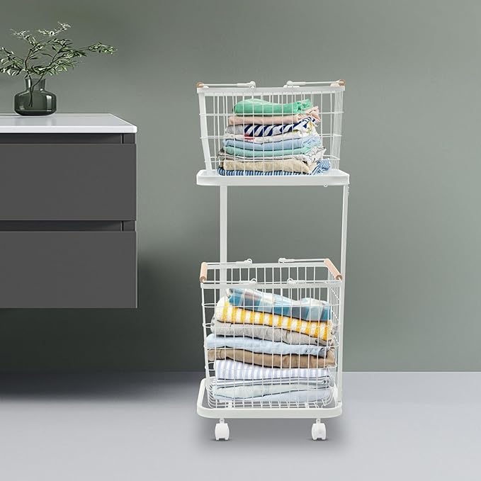 2 Tiers Metal Laundry Basket with Wheels, Removable Wire Laundry Baskets With 4 Universal Wheels Rolling Laundry Basket Floor Standing, Load Bearing Capacity of 88.18 lbs