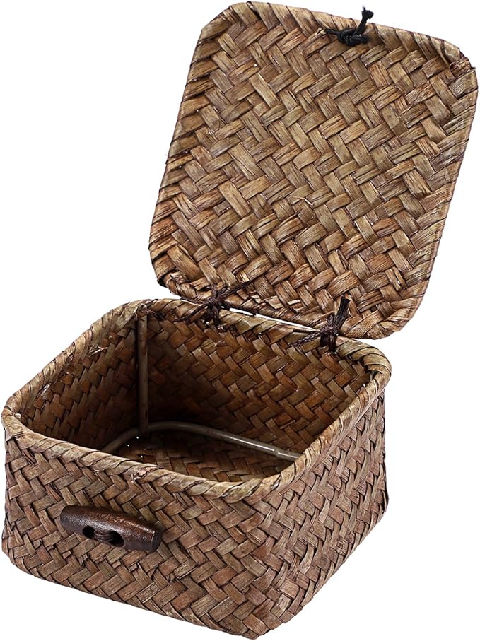 Mini Seagrass Basket Handwoven Small Wicker Basket with Lid Square Portable Storage Baskets for Key Jewelry Decorative Organizer Box for Shelf, 3.5"L x 3.5"W x 2"H
