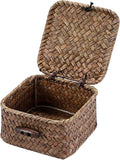 Mini Seagrass Basket Handwoven Small Wicker Basket with Lid Square Portable Storage Baskets for Key Jewelry Decorative Organizer Box for Shelf, 3.5"L x 3.5"W x 2"H