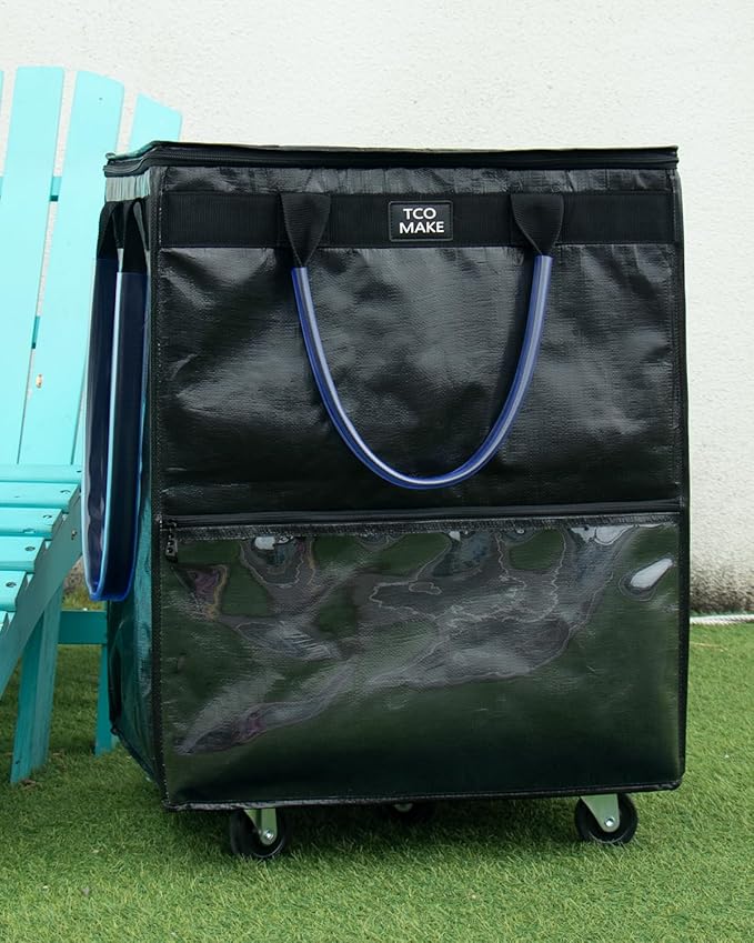 (Large, Black) Reusable Grocery Bag on Wheels, Shopping Bags with Wheels and Handle, Folding Rolling Tote, Zipper Cover, Carries Up to 76 LBS, for Laundry, Picnic