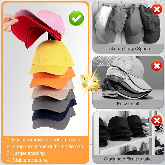 4 Pack Hat Organizer for Baseball Caps, Hat Rack for Wall, Strong Adhesive & Screw-in Cap Holder hat hangers for Closet Door & Bedroom