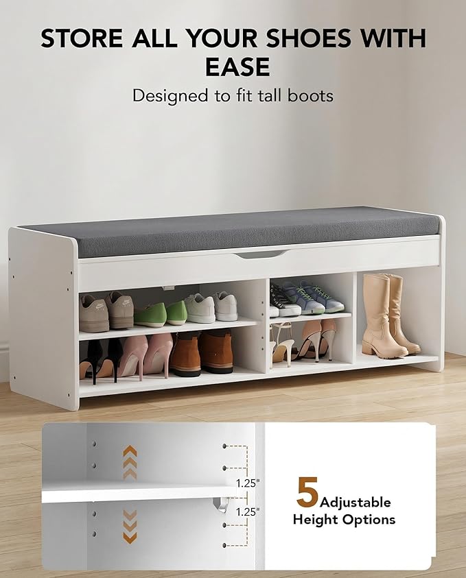 Amada Shoe Storage Bench with Cushion, 47.2" Long Entryway Bench with Lift Top Storage, 4-Door Shoe Bench with Adjustable Shelves, 300 lb Capacity for Entryway, Bedroom, Living Room, Classic White