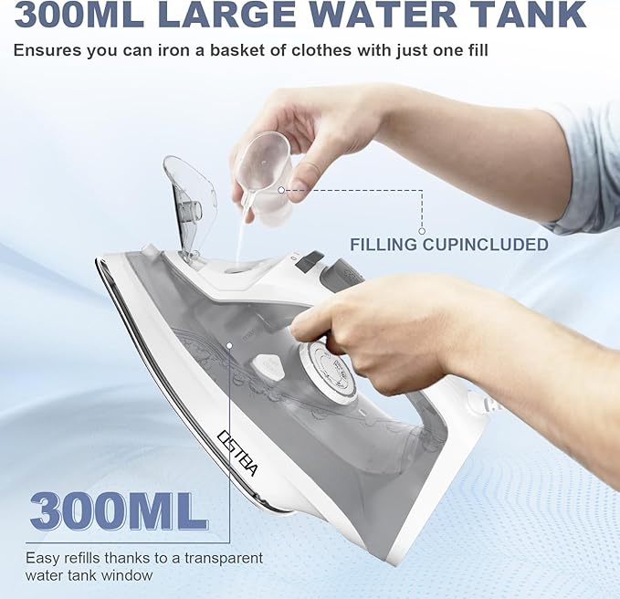OSTBA 1600W Steam Iron for Clothes with Rapid Heating Nonstick Soleplate, Precise Thermostat Dial, Self-Cleaning, Anti-limescale, Drip Stop Function, 300ml Water Tank Clothes Iron