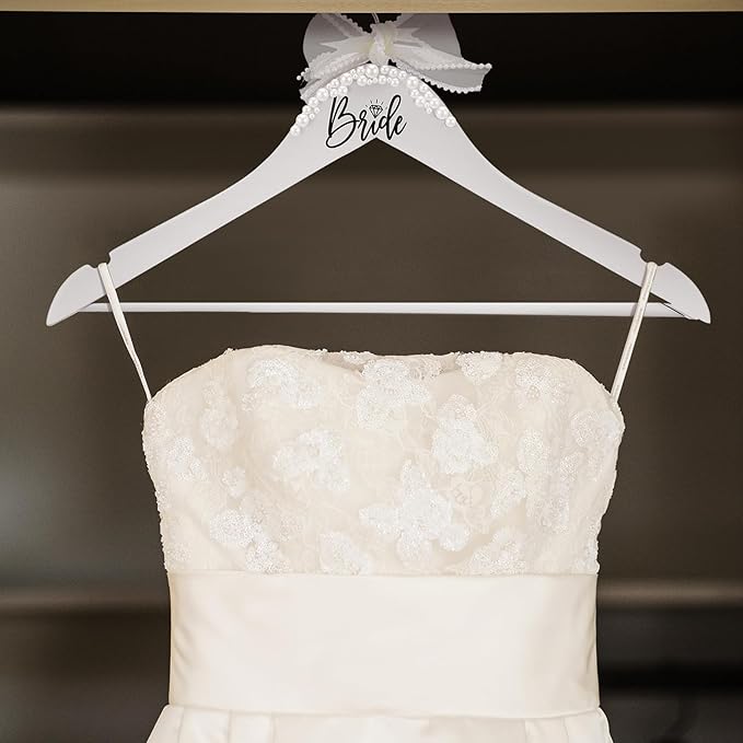 Bride Wedding Dress Pearl Mrs. Hanger with Pearl Ribbon Bow Elegant Wooden Dress Hanger to Be Ideal Keepsake for Wedding Day Gift(White,Bride)