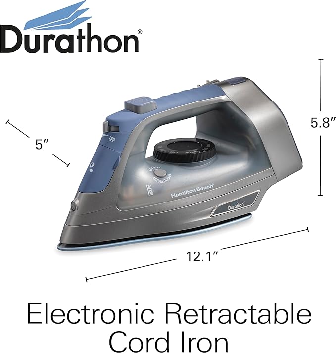 Hamilton Beach Steam Iron & Vertical Steamer for Clothes with Scratch-Resistant Durathon Soleplate, 8' Retractable Cord, 3-Way Auto Shutoff, Anti-Drip, 1800 Watts, Silver and Blue