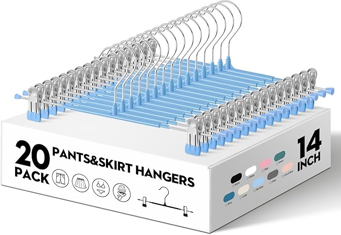 20PACK 14Inch Pants Hangers with Clips Adjustable Skirt Hangers for Women Metal Non-Slip Trousers Hanger Heavy Duty Space Saving Clothes Hanger for Shorts,Jeans,Sky Blue
