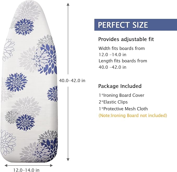 SheeChung 14x42 Inch Over-The-Door Ironing Board Cover and Pad,Cotton Cover with Extra Thick Pad,Resists Scorching and Staining,Fits Door/Standard Ironing Board,Silicone Coating,Dahlia