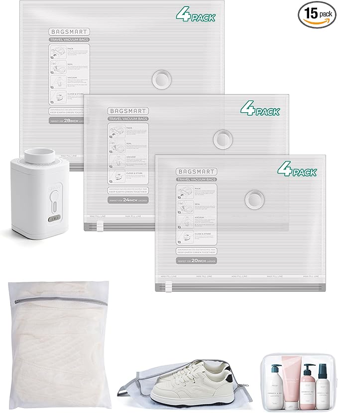BAGSMART Vacuum Storage Bags for Travel with Rechargeable Air Pump, Portable Space Saver Bags for Travel & Home, Vacuum Compression Seal Bag for Clothing, Blanket, 15 Pack-Gray