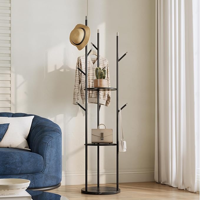 metal Coat Rack whit Marble base,heavy duty coat hanger Stand, Freestanding Coat Racks with 3 Shelves and 9 Hooks,Coat Tree for Entryway, Bedroom, Coats, Bags,purse