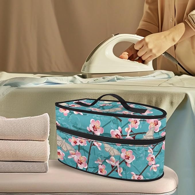 Blue Peach Blossom Travel Iron Holder with Handle & Zipper Closure Full Size Iron Tote Bag Dustproof Protective Carrying Bag for Mon,Clothing Practitioner