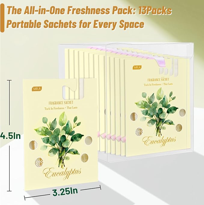 MR.A 13 Packs Eucalyptus Scented Sachets, Fragrance Sachet Bags for Drawers and Closets, Air Fresheners for Car and Home, Closet Deodorizer Scented Drawer Fresheners for Dresser with Hanger Hooks