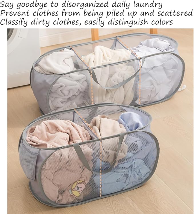 Mesh Laundry Hamper Basket, Sturdy 3 Compartments Laundry Basket, Foldable Pop up Laundry Hamper with Side Pocket for Laundry Room, Bathroom, Kids Room, College Dorm or Travel, Green
