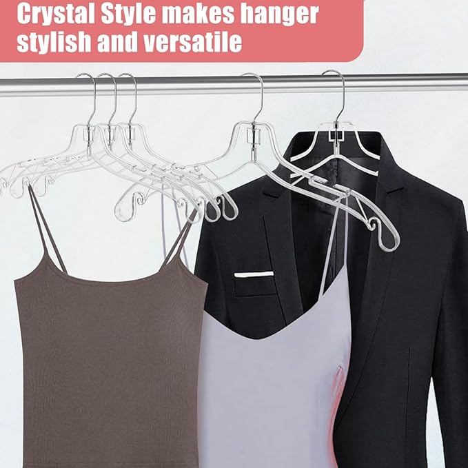 12 Pack Clear Plastic Hangers, 16.7 Inch Shirt Hanger, Clear Acrylic Hanger with 360 Swivel Metal Hook and Notches, Space Saving Heavy Duty, Dress Hangers for Clothes Shirts Dresses