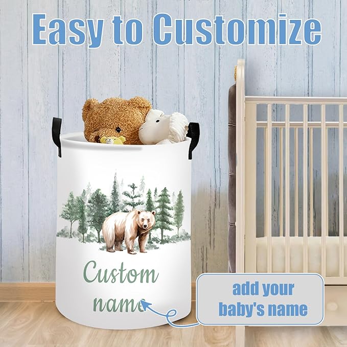 Personalized Woodland Bear Laundry Basket for Kids, Custom Name Baby Laundry Hamper for Nursery, Customize Baby Name Laundry Basket, Waterproof Storage Organizer 2 Sizes