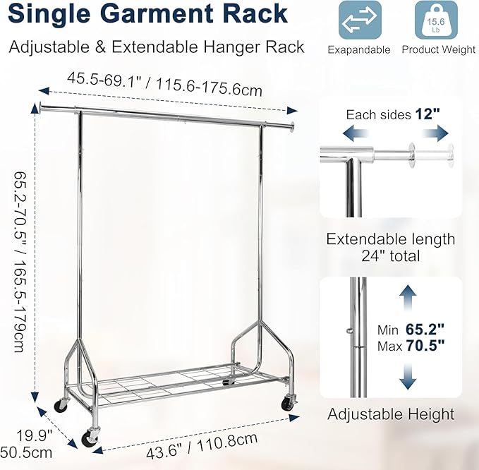 Whitmor Heavy Duty Clothes Rack, Rolling Garment Rack with Lockable Wheels, Adjustable & Extendable Metal Clothing Rack Shelves with Bottom Shelf, Max Load 450LBS for Hanging Clothes, Chrome
