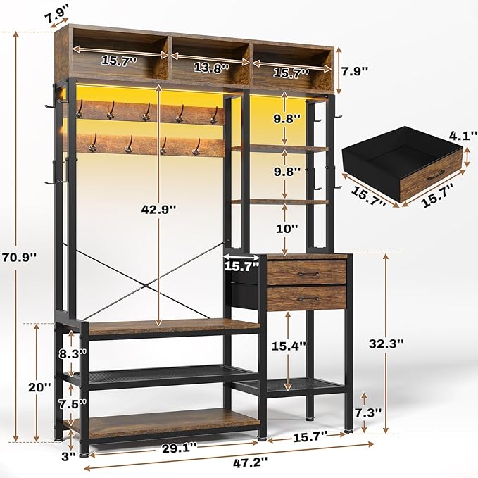 Itaar Hall Tree with Bench and Shoe Storage, 7-in-1 Entryway Bench with Coat Rack, 3 Storage Cubbies, 3 Open Shelves, 17 Coat Hooks, 2 Fabric Drawers (Rustic Brown)