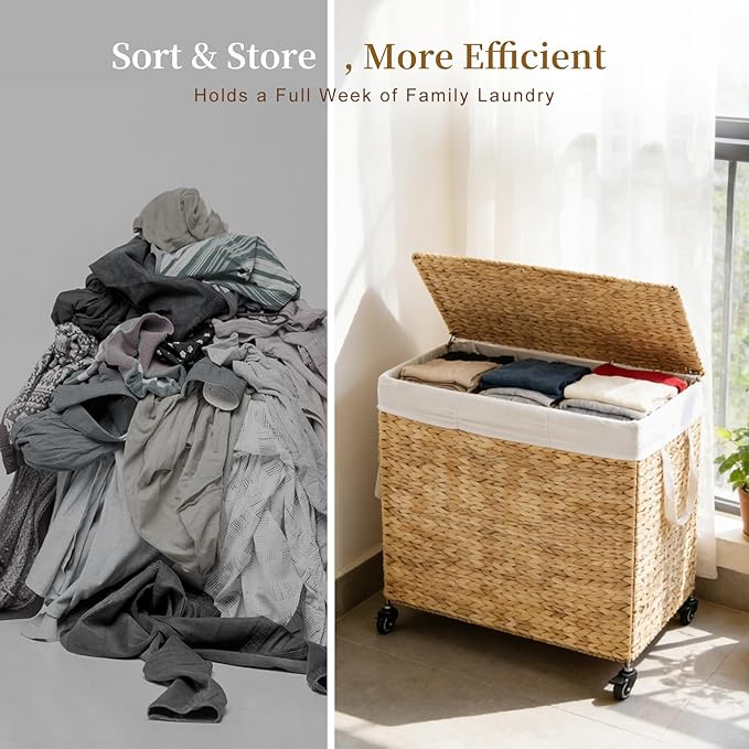 3-Section Laundry Hamper with Lid, Large Capacity Woven Natural Water Hyacinth Laundry Sorter with Removable Liners, Rolling or Non-Slip Design for Bedroom (Natural, 155L)