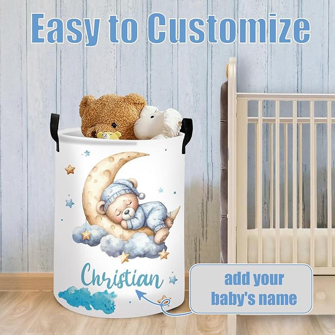 Personalized Baby Boys Laundry Basket for Nursery Bathroom Bedroom, Custom Bear Baby Laundry Hamper with Name and Handles, 2 Sizes Customize Baby Clothes Hamper for Girls Adults